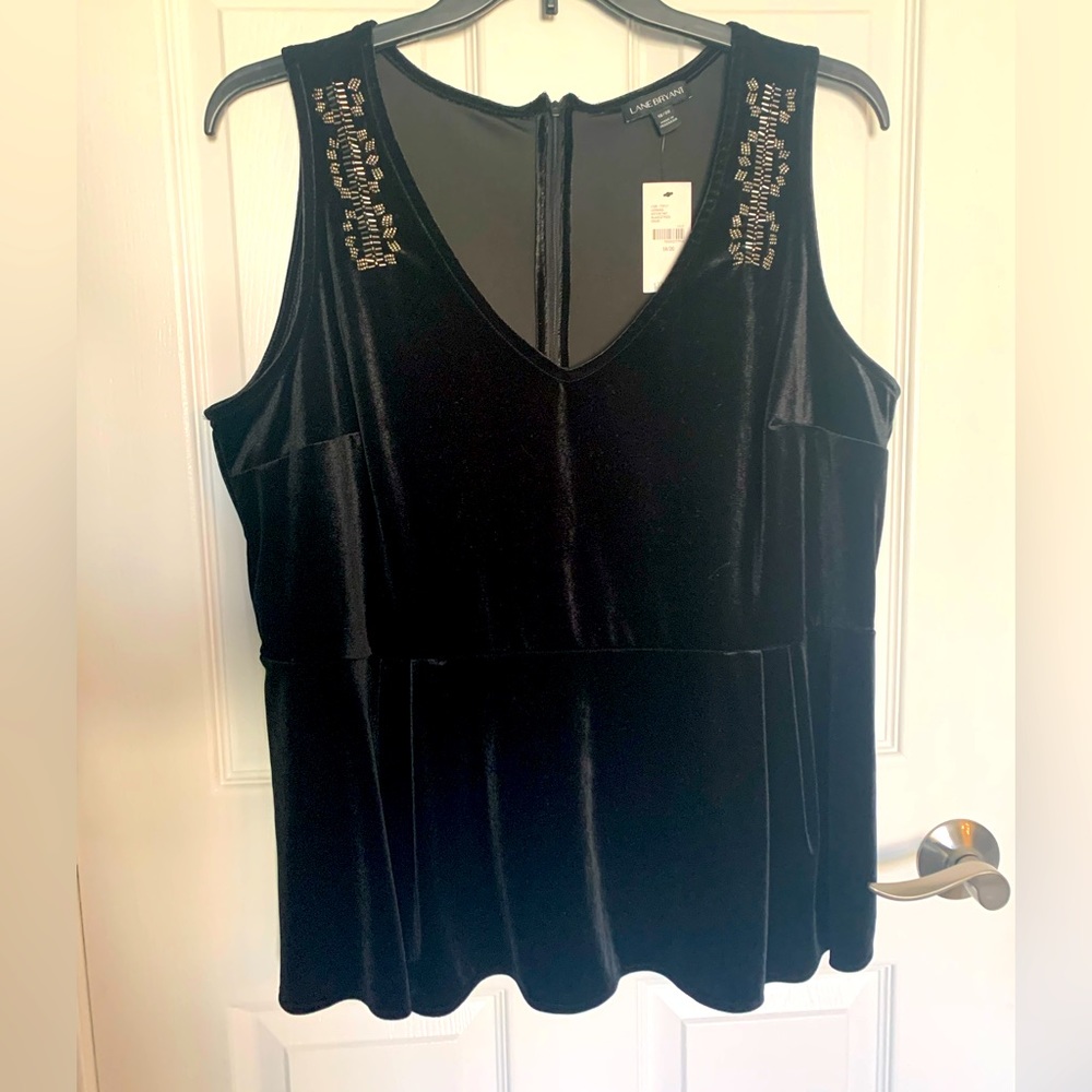 NWT Lane Bryant Stretch Black Velvet Sleeveless Beaded Peplum Top 18/20